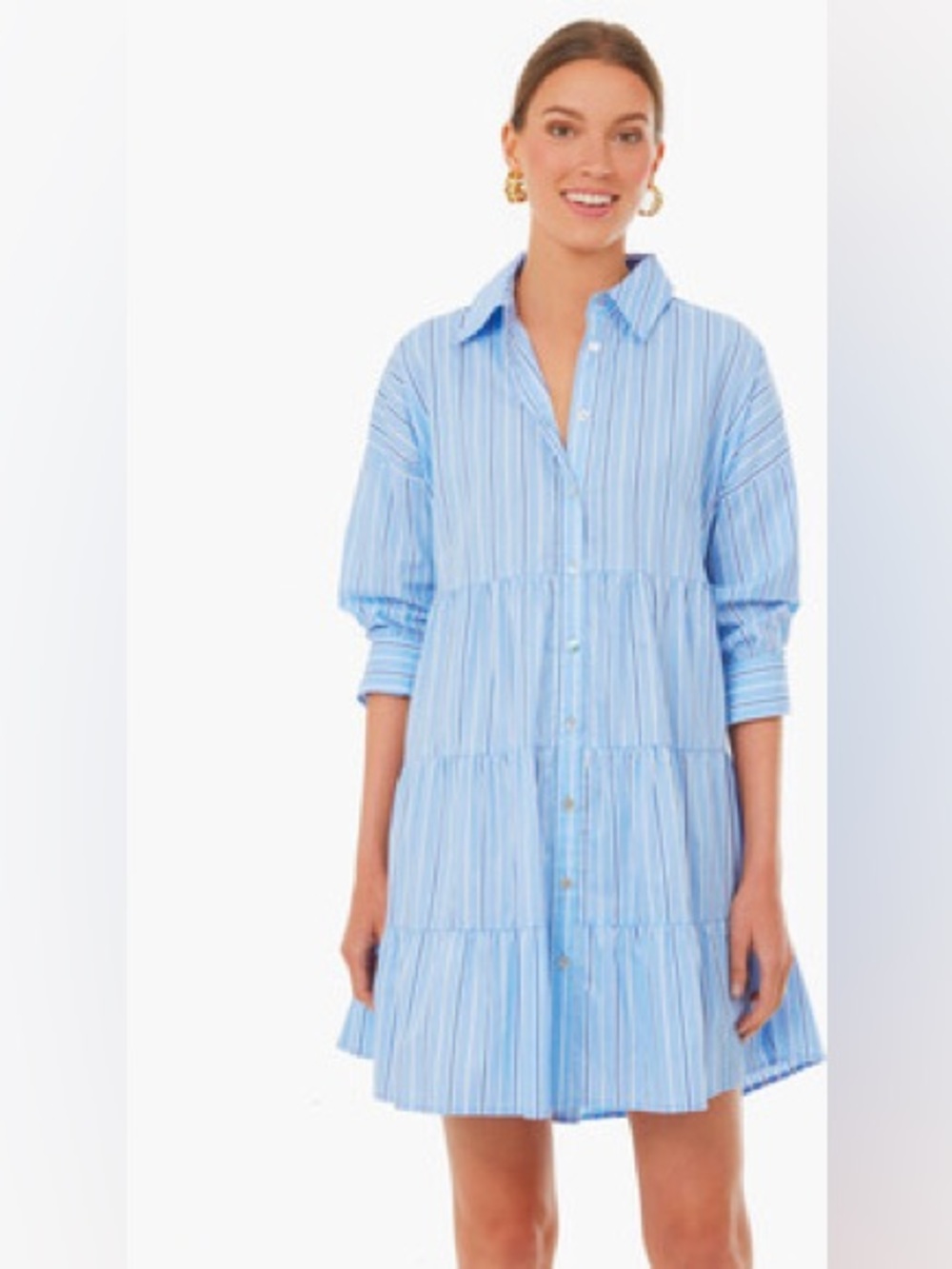 Tuckernuck Pomander Place Shades of Blue Stripe Cara Tiered Shirt Dress LARGE - Picture 4 of 7